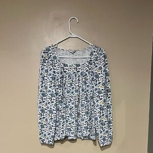 Lucky Brand Size S White Blue Gold Floral Square Neck Long Sleeve Peasant Top
